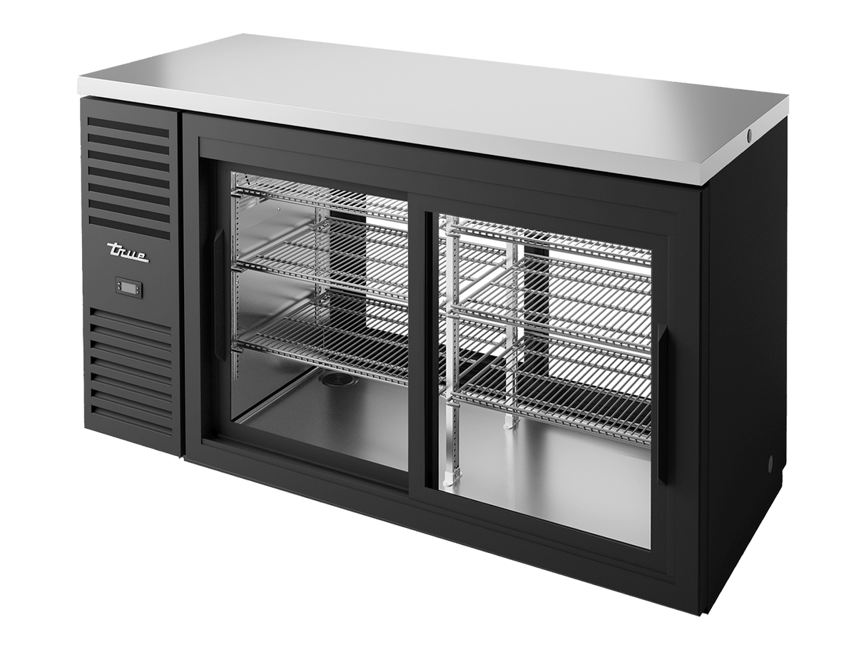True Refrigeration Pass - Thru Bar Refrigerator Black Ext 2 Glass Slide Doors Front 2 Glass Slide Doors Rear - TBR60 - PTSZ1 - L - B - 11 - 11 - 2 - Whisk Hospitality - TBR60-PTSZ1-L-B-11-11-2