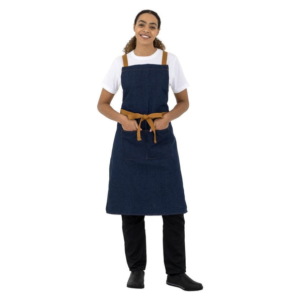 Southside X - Cross Back Bib Apron Denim Blue (Tan Ties) - 1000x700mm B984 - Whisk Hospitality - B984