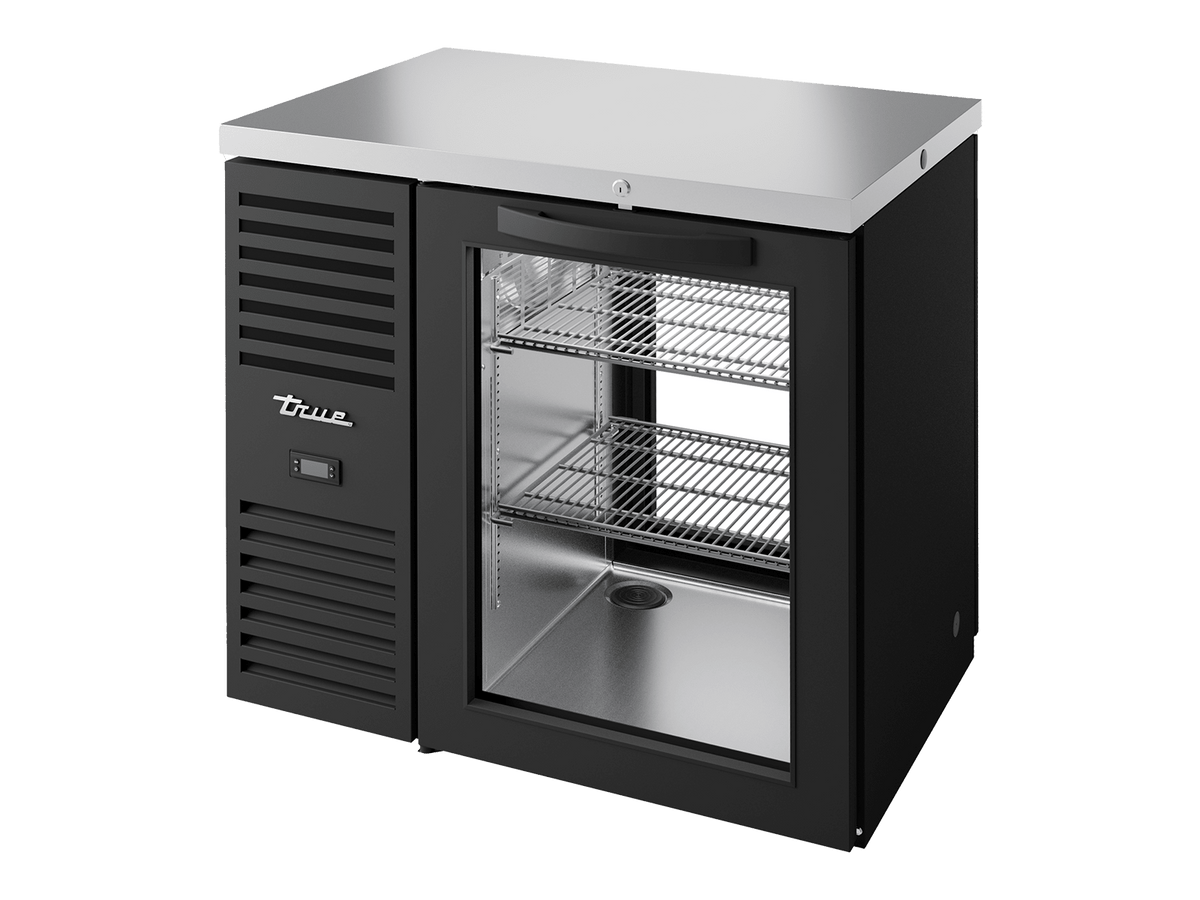 True Refrigeration Pass - Thru Bar Refrigerator Black Ext 1 Glass Swing Door Front 1 Glass Swing Door Rea - TBR36 - PTSZ1 - L - B - G - G - 2 - Whisk Hospitality - TBR36-PTSZ1-L-B-G-G-2