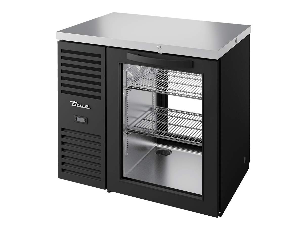 True Refrigeration Pass - Thru Bar Refrigerator Black Ext 1 Glass Swing Door Front 1 Glass Swing Door Rea - TBR36 - PTSZ1 - L - B - G - G - 2 - Whisk Hospitality - TBR36-PTSZ1-L-B-G-G-2