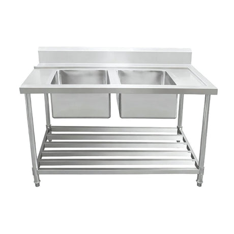 Inlet Bench - Double Sink with Splashback & Pipe Undershelf - Inlet & Sink on Left / 750 / ASDD-1575L - Whisk Hospitality - 622364