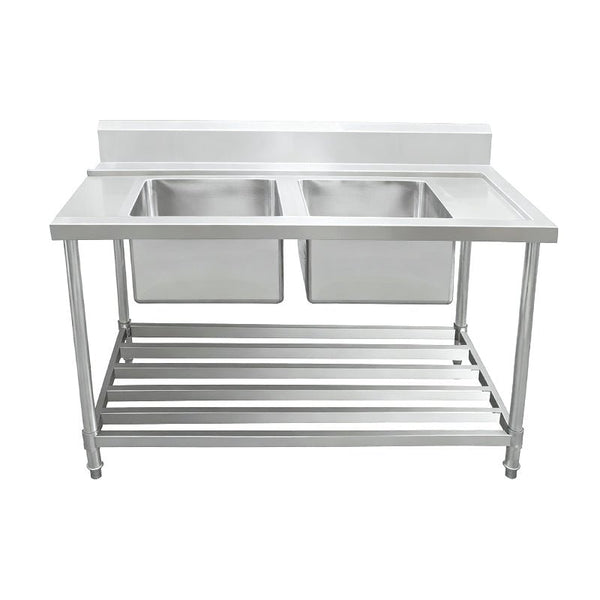 Inlet Bench - Double Sink with Splashback & Pipe Undershelf - Inlet & Sink on Left / 750 / ASDD-1575L - Whisk Hospitality - 622364