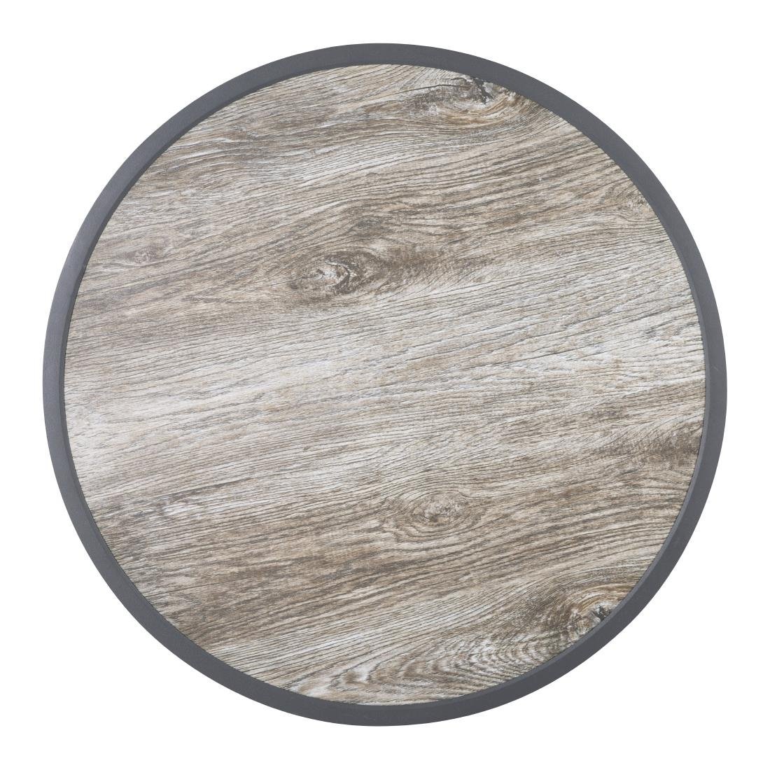 Bolero Wood Grain Effect Outdoor Fibre Glass Table Top Grey Trim Round - 580mm DL486 - Whisk Hospitality - DL486