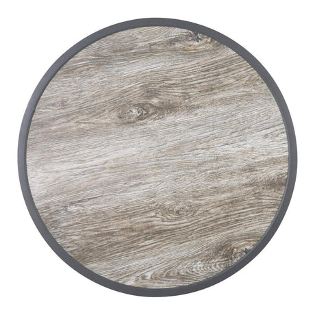 Bolero Wood Grain Effect Outdoor Fibre Glass Table Top Grey Trim Round - 580mm DL486 - Whisk Hospitality - DL486