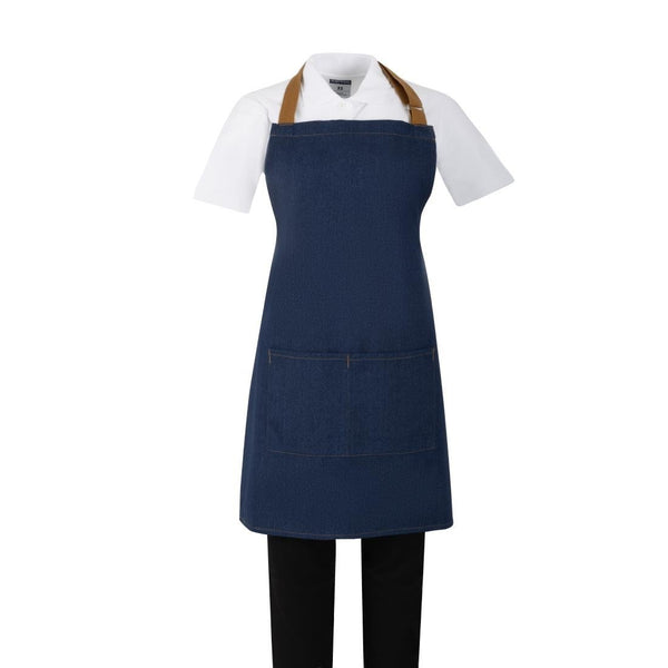 Southside Short Length Bib Apron Denim Blue (Tan Ties) - 780x700mm BA158 - Whisk Hospitality - BA158