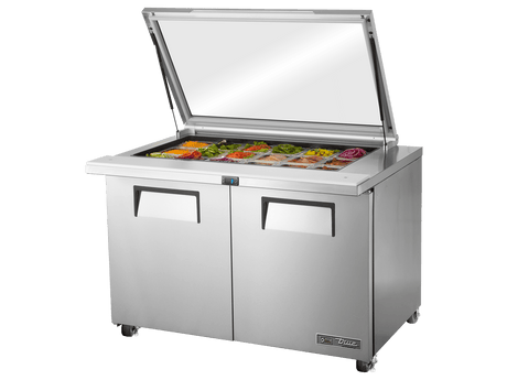 True Refrigeration Glass Lid Prep Table 18x 1/6 Top Pans 2 Solid Swing Doors - TSSU - 48 - 18M - B - FGLID - HC - Whisk Hospitality - TSSU-48-18M-B-FGLID-HC