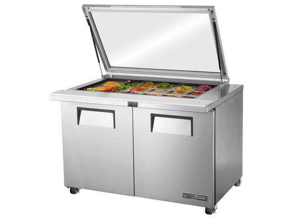 True Refrigeration Glass Lid Prep Table 18x 1/6 Top Pans 2 Solid Swing Doors - TSSU - 48 - 18M - B - FGLID - HC - Whisk Hospitality - TSSU-48-18M-B-FGLID-HC
