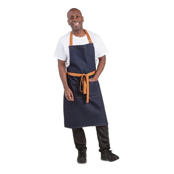 Southside Bib Apron Denim Blue (Tan Ties) - 700x1000mm B980 - Whisk Hospitality - B980