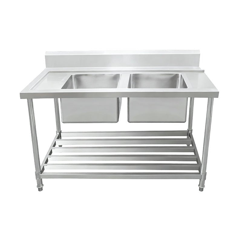 Inlet Bench - Double Sink with Splashback & Pipe Undershelf - Inlet & Sink on Right / 700 / ASDD-1570R - Whisk Hospitality - 622368