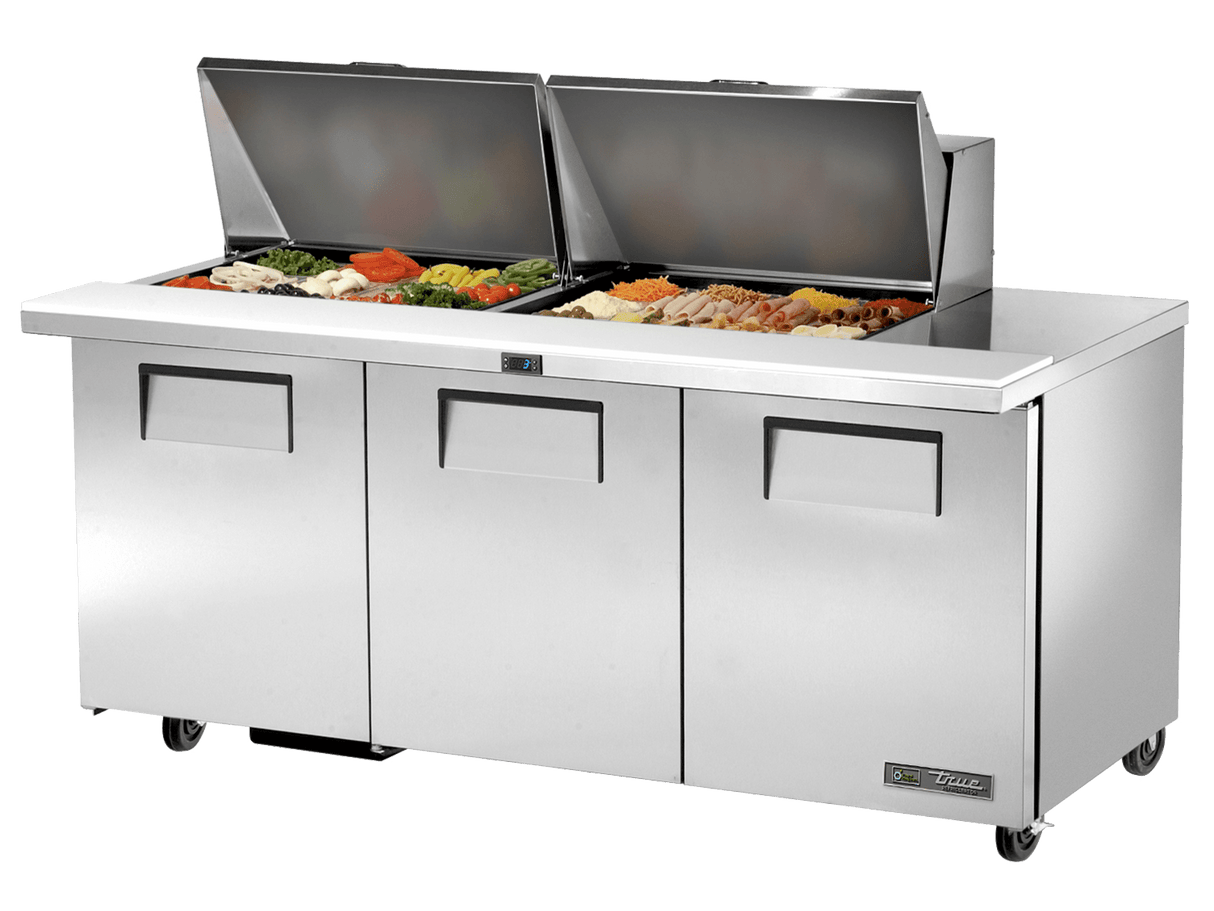 True Refrigeration Prep Table, 24x 1/6 Top Pans, 3 Solid Swing Doors - TSSU - 72 - 24M - B - ST - HC - Whisk Hospitality - TSSU-72-24M-B-ST-HC