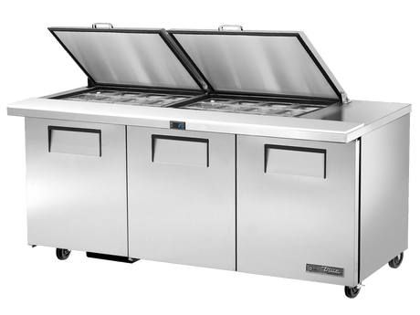 True Refrigeration Prep Table, 24x 1/6 Top Pans, 3 Solid Swing Doors, Removable lids - TSSU - 72 - 24M - B - ST - HC FLID - Whisk Hospitality - TSSU-72-24M-B-ST-HC FLID
