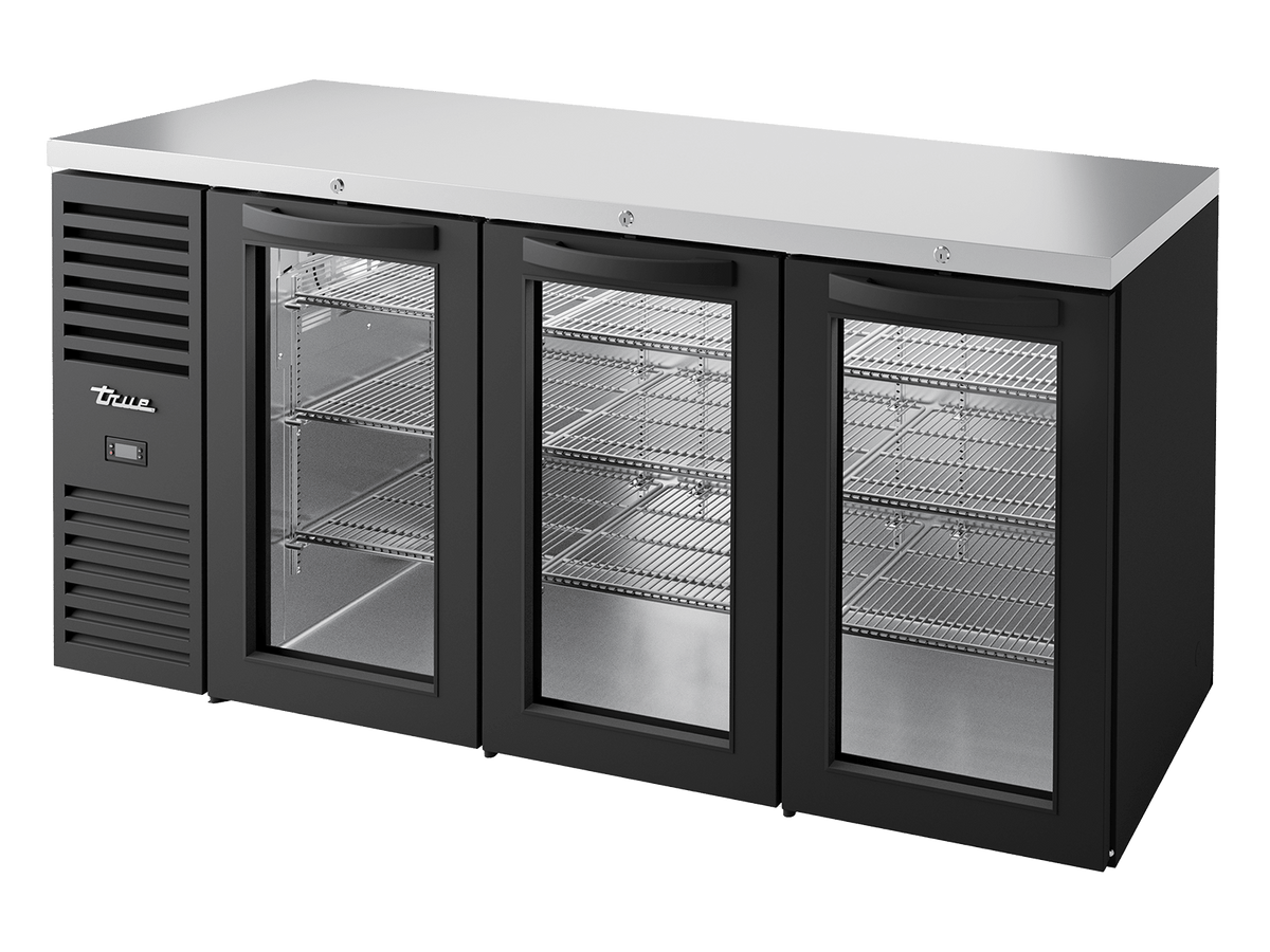 True Refrigeration Bar Refrigerator Black Ext 3 Glass Swing Doors - TBR72 - RISZ1 - L - B - GGG - 2 - Whisk Hospitality - TBR72-RISZ1-L-B-GGG-2