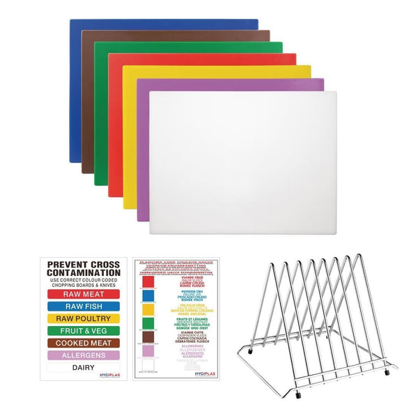 Hygiplas High Density Chopping Board Set 7 Boards & Steel Rack & Wall Chart FY992 - Whisk Hospitality - FY992