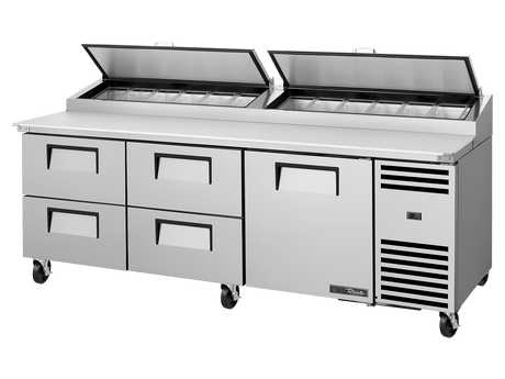 True Refrigeration Pizza Prep Table 12x 1/3 Top Pans 4 Drawers + 1 Solid Swing Door - TPP - AT2 - 93D - 4 - HC - Whisk Hospitality - TPP-AT2-93D-4-HC