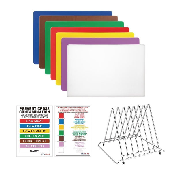 Hygiplas Low Density Chopping Board Set 7 Boards & Steel Rack & Wall Chart FY994 - Whisk Hospitality - FY994