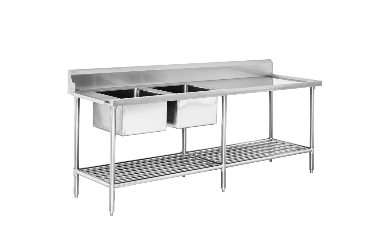 DSBD7-2400L/A Left Inlet Double Sink Dishwasher Bench - Whisk Hospitality - DSBD7-2400L/A