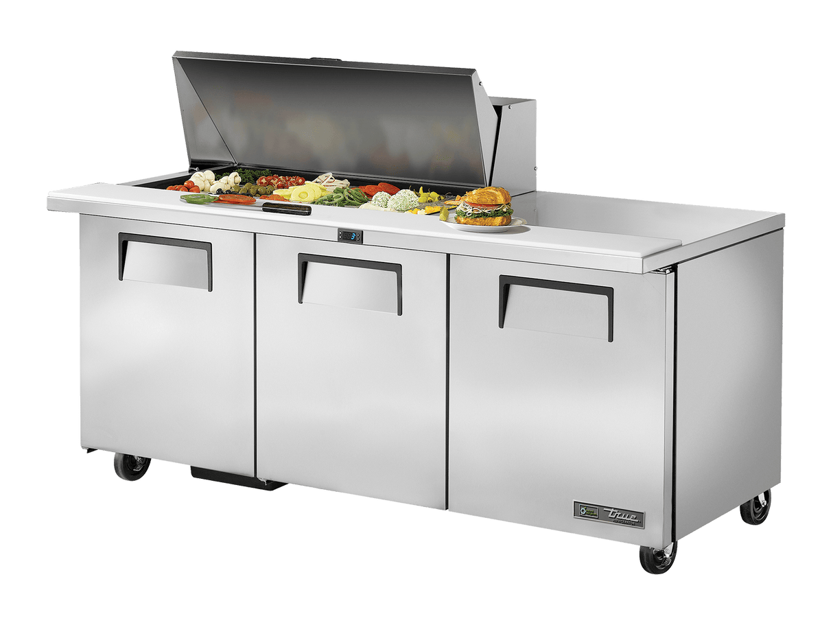 True Refrigeration Prep Table, 18x 1/6 Top Pans, 3 Solid Swing Doors - TSSU - 72 - 18M - B - HC - Whisk Hospitality - TSSU-72-18M-B-HC