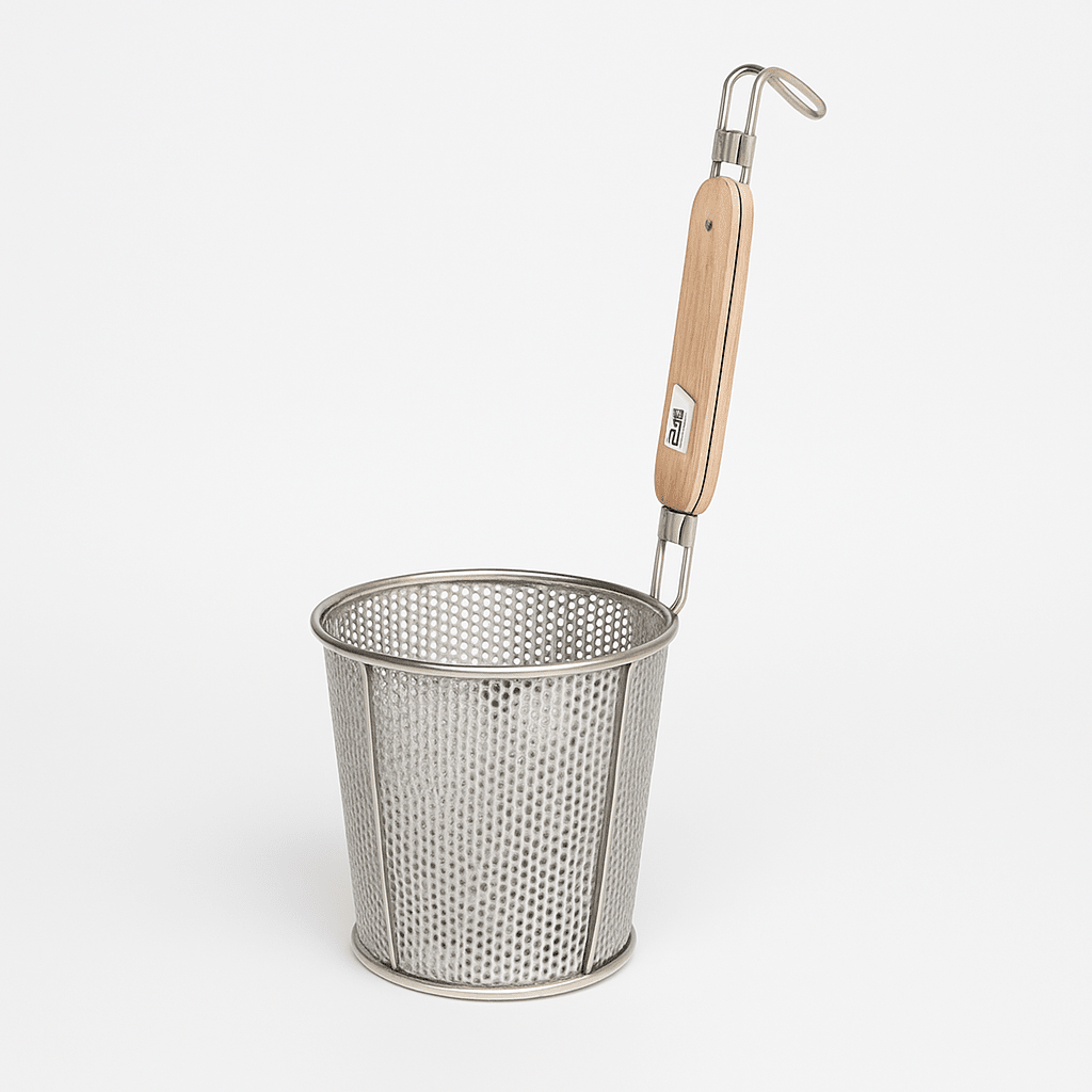 Noodle Basket - Perforated - Flat Bottom - Wooden Handle - ˜140mm - HN550265 - Whisk Hospitality - 45059
