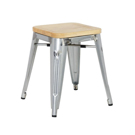 Bolero Steel Bistro Low Stool with Wooden Seatpad (Galvanised) (Pack 4) GM634 - Whisk Hospitality - GM634