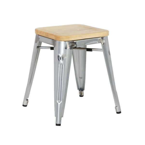 Bolero Steel Bistro Low Stool with Wooden Seatpad (Galvanised) (Pack 4) GM634 - Whisk Hospitality - GM634
