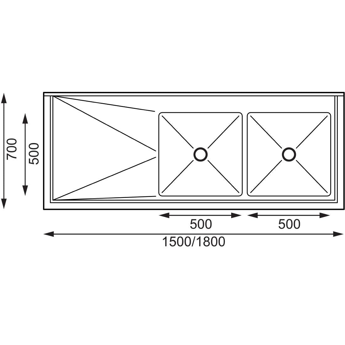 Vogue Double Bowl Sink L/H Drainer - 1500mm x 700mm (90mm Drain) HC917 - Whisk Hospitality - HC917
