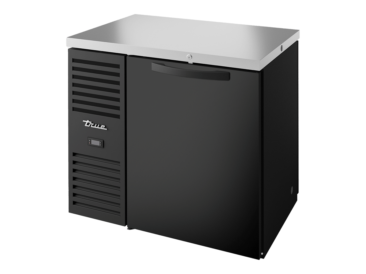 True Refrigeration Pass - Thru Bar Refrigerator Black Ext 1 Solid Swing Door Front 1 Solid Swing Door Rear - TBR36 - PTSZ1 - L - B - S - S - 2 - Whisk Hospitality - TBR36-PTSZ1-L-B-S-S-2