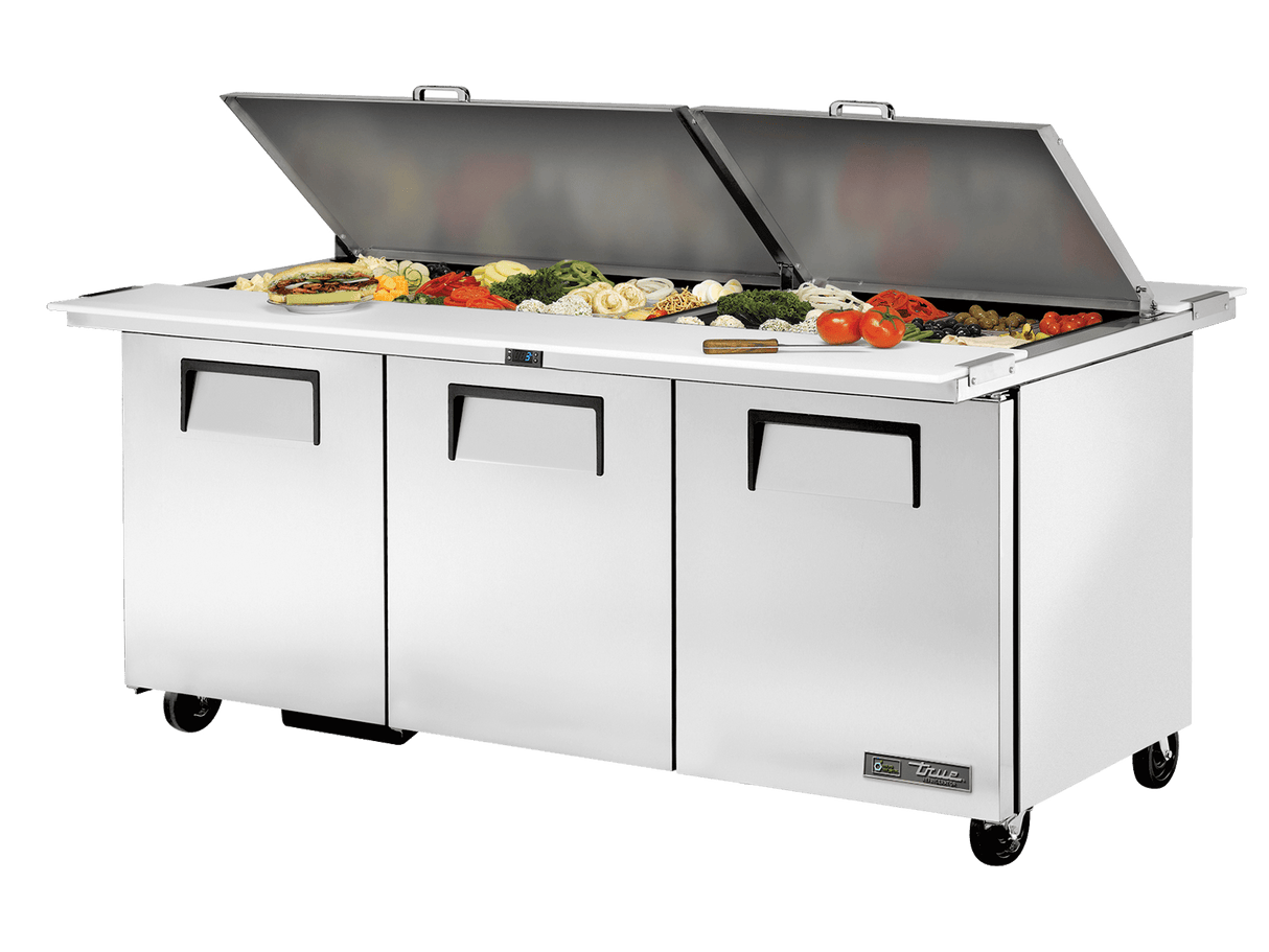 True Refrigeration Dual - SidedPrep Table, 30x 1/6 Top Pans, 3 Solid Swing Doors - TSSU - 72 - 30M - B - DS - ST - HC - Whisk Hospitality - TSSU-72-30M-B-DS-ST-HC