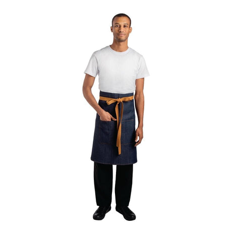 Southside Bistro Apron Denim Blue with Tan Tie - 1000x900mm B990 - Whisk Hospitality - B990