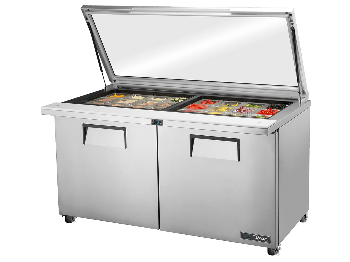 True Refrigeration Glass Lid Prep Table 24x 1/6 Top Pans 2 Solid Swing Doors - TSSU - 60 - 24M - B - ST - FGLID - HC - Whisk Hospitality - TSSU-60-24M-B-ST-FGLID-HC