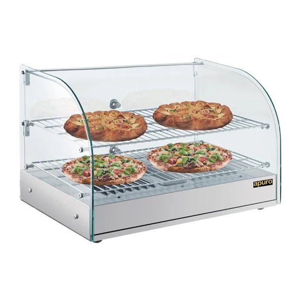 Apuro Pastry Heated Showcase Curved Glass w/Hinged Rear Doors 2 Shelves 45Ltr CK916 - A - Whisk Hospitality - CK916-A