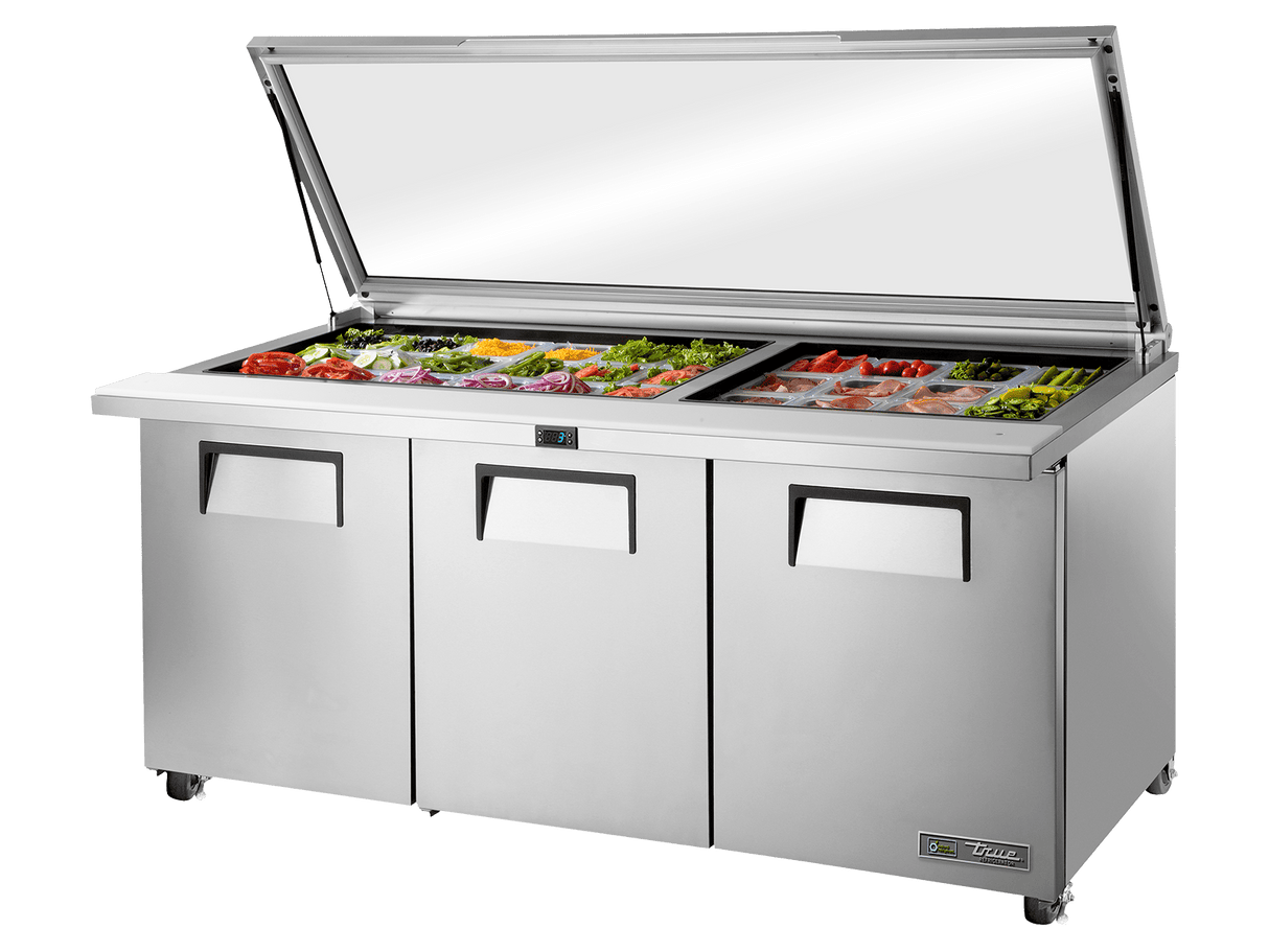True Refrigeration Glass Lid Prep Table, 30x 1/6 Top Pans, 3 Solid Swing Doors - TSSU - 72 - 30M - B - ST - FGLID - HC - Whisk Hospitality - TSSU-72-30M-B-ST-FGLID-HC