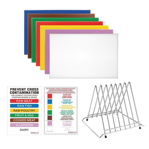 Hygiplas High Density Chopping Board Set 7 Boards & Steel Rack & Wall Chart FY990 - Whisk Hospitality - FY990