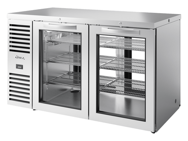 True Refrigeration Pass - Thru Bar Refrigerator Stainless Steel Ext 2 Glass Swing Doors Front 2 Glass Swing Doors Rear - TBR60 - PTSZ1 - L - S - GG - GG - 2 - Whisk Hospitality - TBR60-PTSZ1-L-S-GG-GG-2