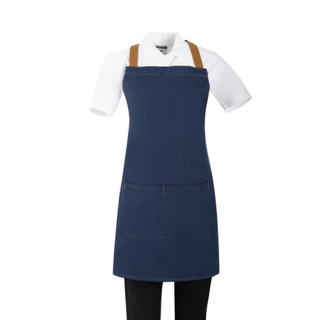 Southside Short Length X - Cross Back Bib Apron Denim Blue (Tan Ties) - 780x700mm BA159 - Whisk Hospitality - BA159