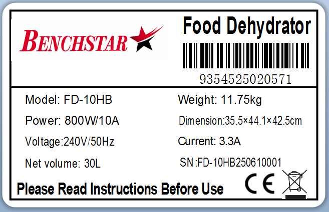 Benchstar Food Dehydrator with 10 trays – FD - 10HB - Whisk Hospitality - FD-10HB