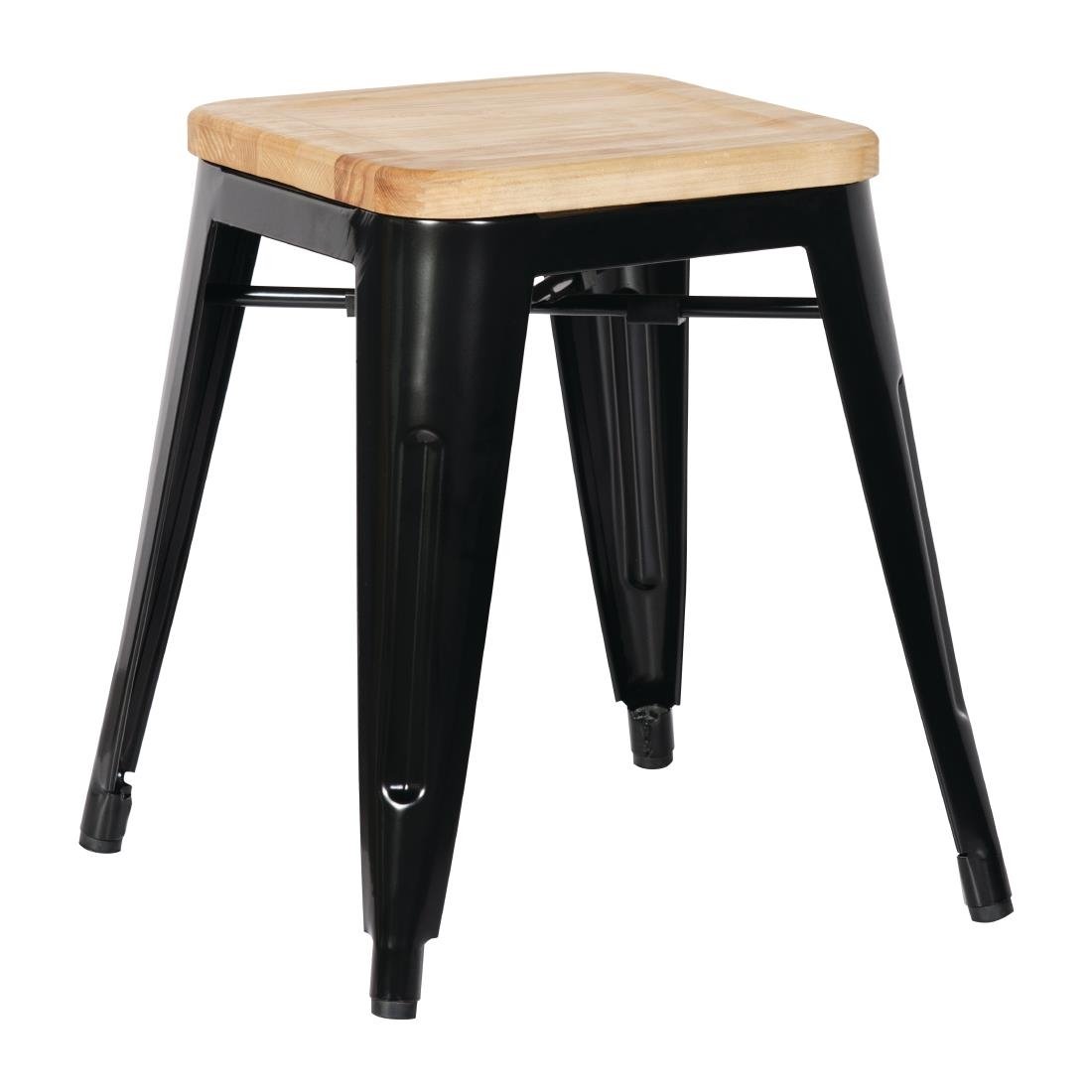 Bolero Steel Bistro Low Stool with Wooden Seatpad (Black) (Pack 4) GM635 - Whisk Hospitality - GM635