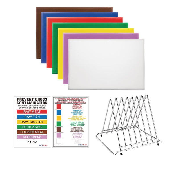 Hygiplas High Density Chopping Board Set 7 Boards & Steel Rack & Wall Chart FY993 - Whisk Hospitality - FY993