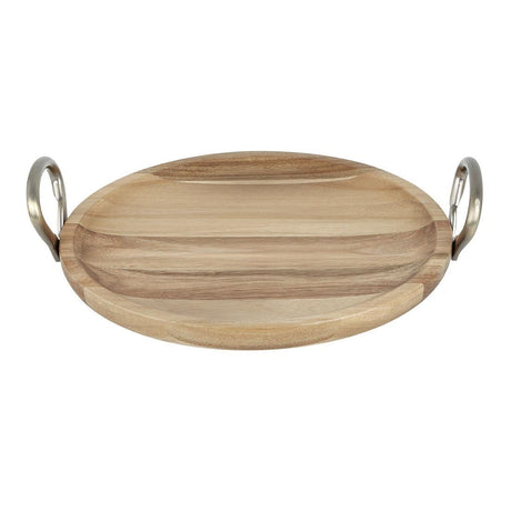Olympia Round Dish Acacia Wood With Metal Handles - 345x305x80mm HX388 - Whisk Hospitality - HX388