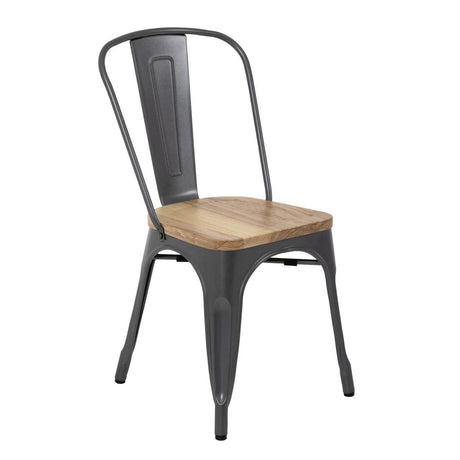 Bolero Gun Metal Grey Steel Dining Sidechair with Wooden Seatpad (Pack 4) GG708 - Whisk Hospitality - GG708