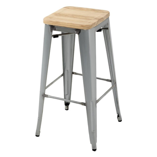 Bolero Steel Bistro High Stool with Wooden Seatpad (Galvanised) (Pack 4) GM638 - Whisk Hospitality - GM638