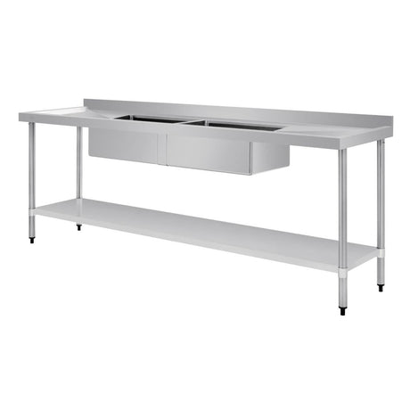 Vogue Double Bowl Sink Double Drainer - 2400mm x 700mm (90mm Drain) HC921 - Whisk Hospitality - HC921