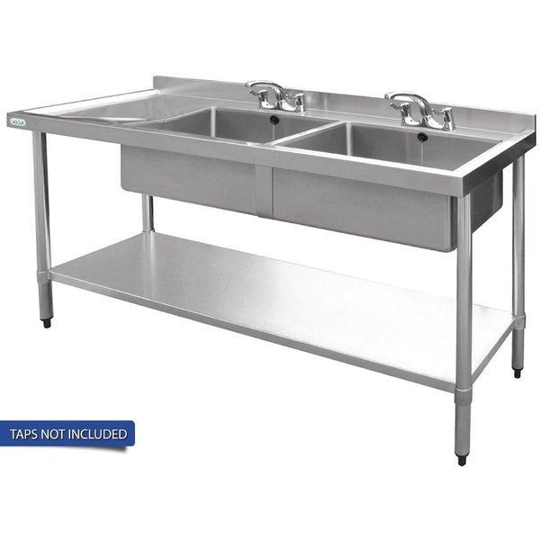 Vogue Double Bowl Sink L/H Drainer - 1500mm x 700mm (90mm Drain) HC917 - Whisk Hospitality - HC917