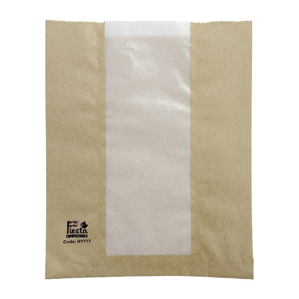 Fiesta Compostable Bread Bag with Glassine Window - 266x215x88mm (Pack 1000) HY777 - Whisk Hospitality - HY777