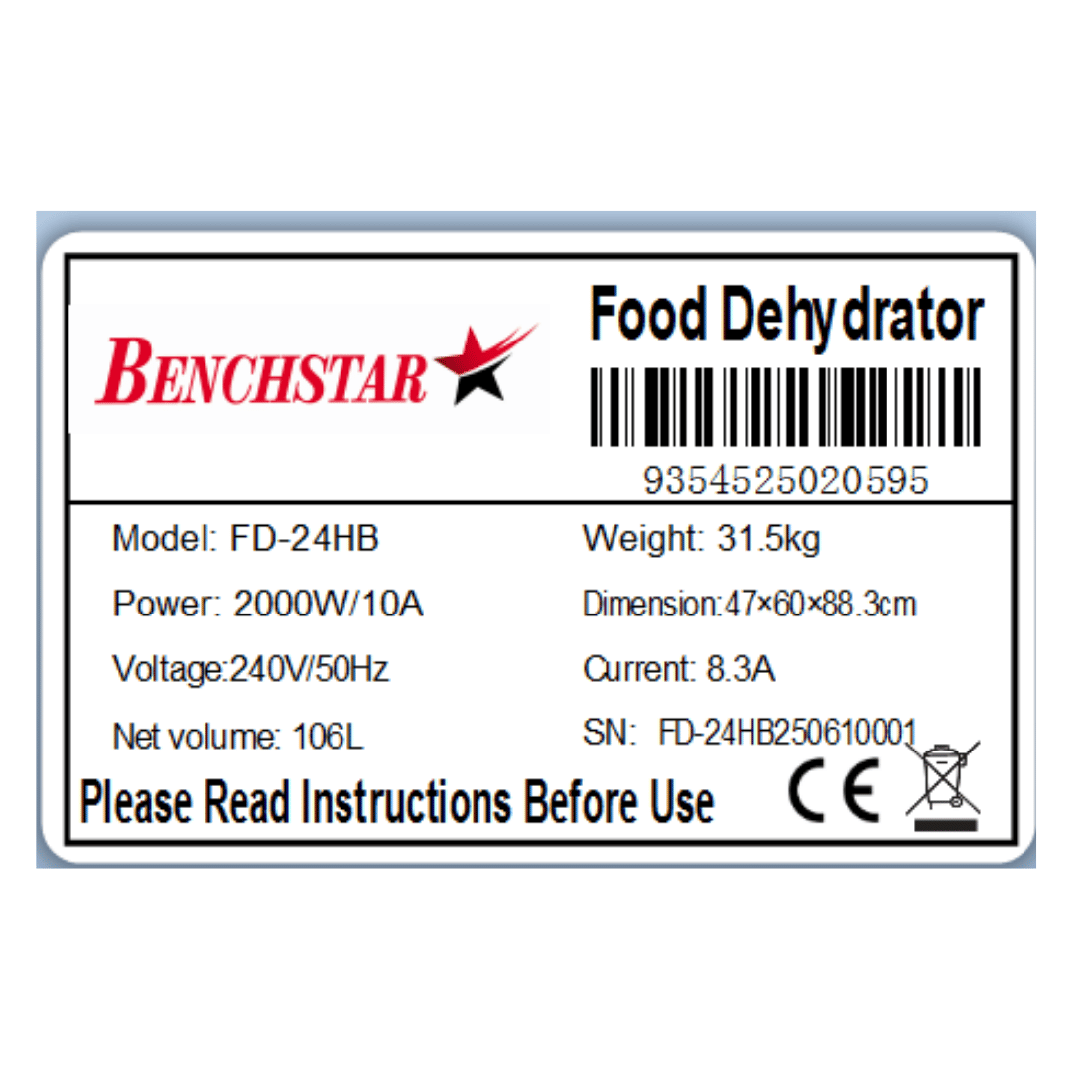 Benchstar Food Dehydrator with 24 trays – FD - 24HB - Whisk Hospitality - FD-24HB