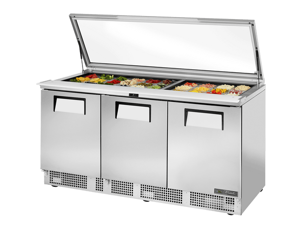 True Refrigeration Glass Lid Prep Table 30x 1/6 Top Pans 3 Solid Swing Doors - TFP - 72 - 30M - FGLID - HC - Whisk Hospitality - TFP-72-30M-FGLID-HC