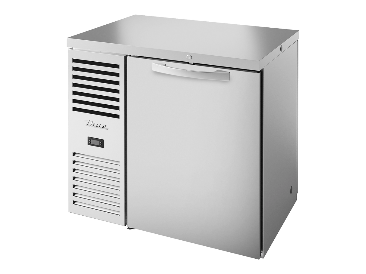 True Refrigeration Pass - Thru Bar Refrigerator Stainless Steel Ext 1 Solid Swing Door Front 1 Solid Swing Door Rear - TBR36 - PTSZ1 - L - S - S - S - 2 - Whisk Hospitality - TBR36-PTSZ1-L-S-S-S-2