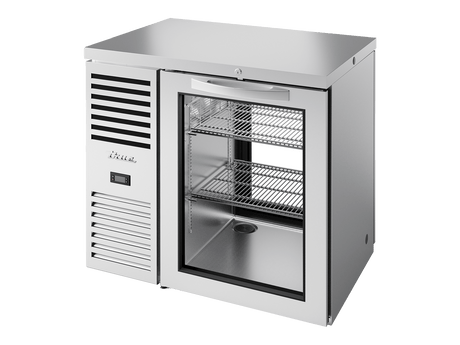 True Refrigeration Pass - Thru Bar Refrigerator Stainless Steel Ext 1 Glass Swing Door Front 1 Glass Swing Door Rear - TBR36 - PTSZ1 - L - S - G - G - 2 - Whisk Hospitality - TBR36-PTSZ1-L-S-G-G-2