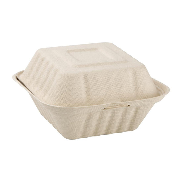 Fiesta Compostable Bagasse Burger Box 81x149x152mm - Natural Colour (Pack 500) FC542 - Whisk Hospitality - FC542