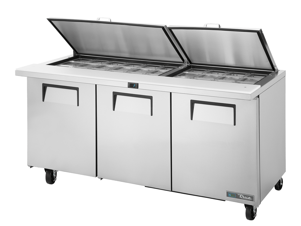 True Refrigeration Prep Table, 30x 1/6 Top Pans, 3 Solid Swing Doors, Removable lids - TSSU - 72 - 30M - B - ST - HC FLID - Whisk Hospitality - TSSU-72-30M-B-ST-HC FLID