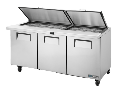 True Refrigeration Prep Table, 30x 1/6 Top Pans, 3 Solid Swing Doors, Removable lids - TSSU - 72 - 30M - B - ST - HC FLID - Whisk Hospitality - TSSU-72-30M-B-ST-HC FLID
